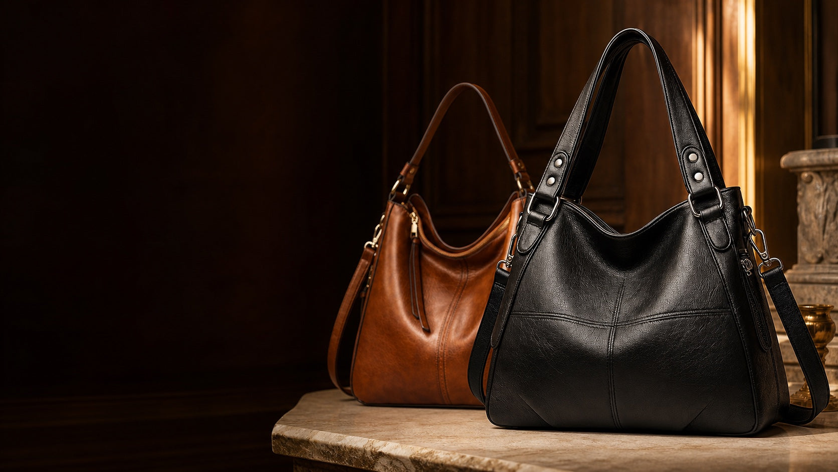 Luxcoeur black and cognac handbags in a warm atelier setting